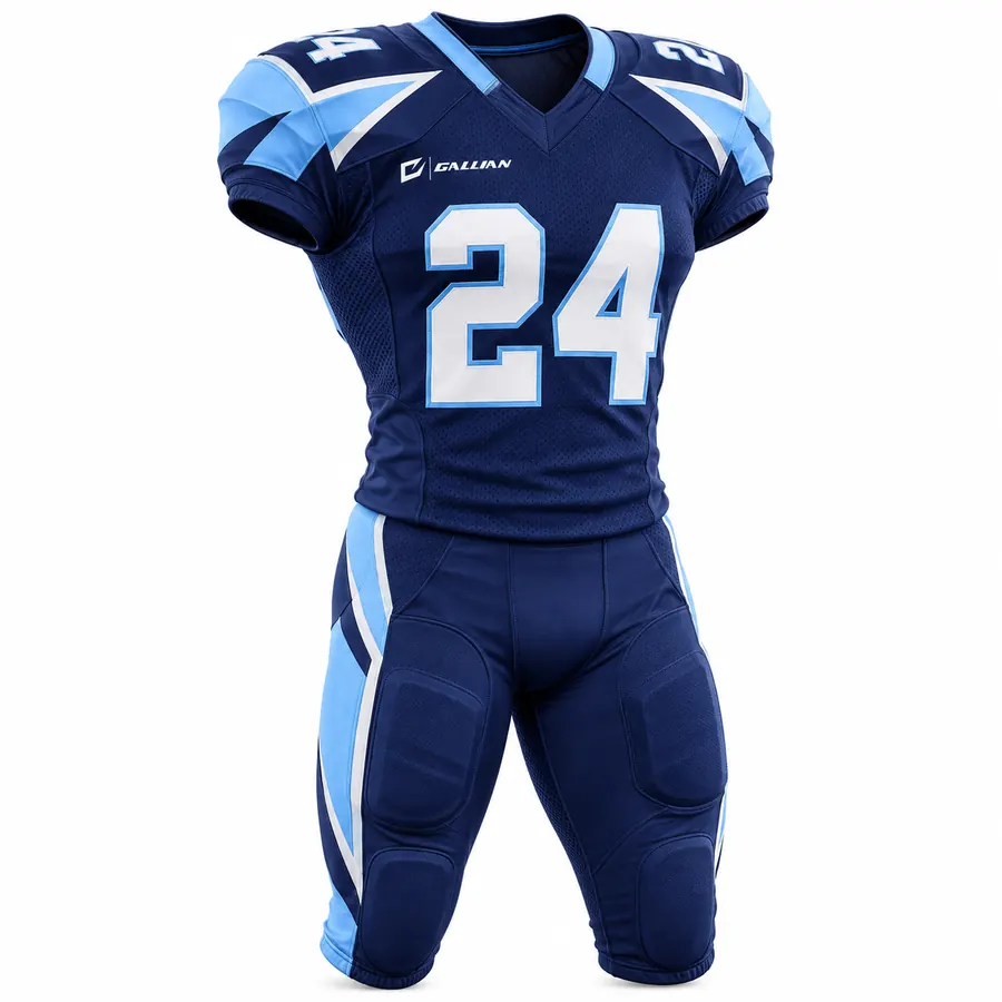 Sublimated Football Uniforms (Jersey + Pants) – Navy & Columbia Blue, custom sublimated American football uniform jersey and pants set by Gallian Sports