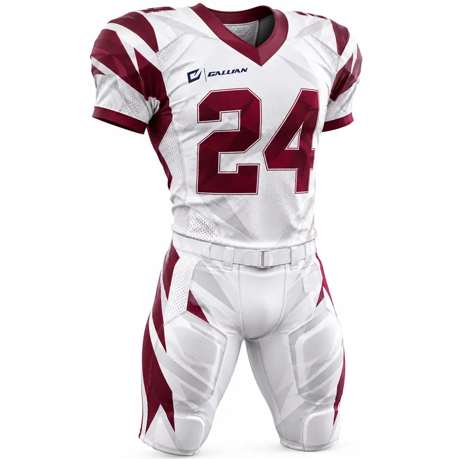 Sublimated Football Uniforms (Jersey + Pants) – White & Maroon, custom sublimated American football uniform jersey and pants set by Gallian Sports