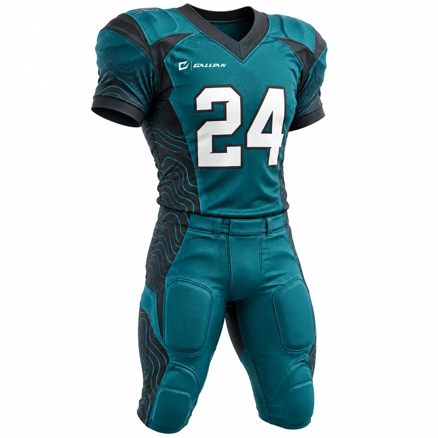 Sublimated Football Uniforms (Jersey + Pants) – Teal & Black Topo, custom sublimated American football uniform jersey and pants set by Gallian Sports