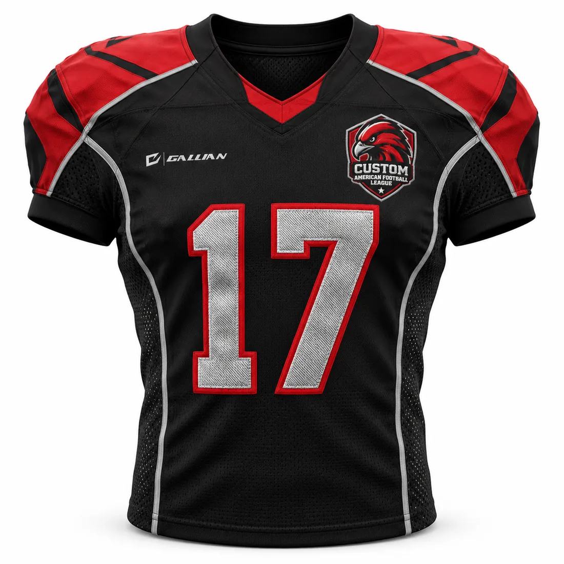 Custom Football Jerseys – Black & Red, custom sublimated American football game jersey by Gallian Sports