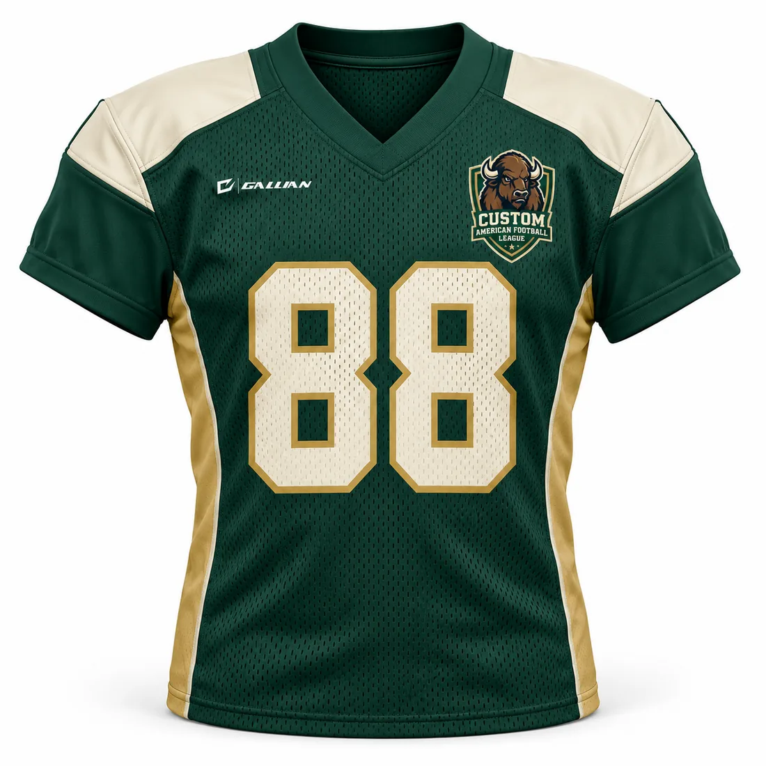 Custom Football Jerseys – Forest Green & Gold, custom sublimated American football game jersey by Gallian Sports