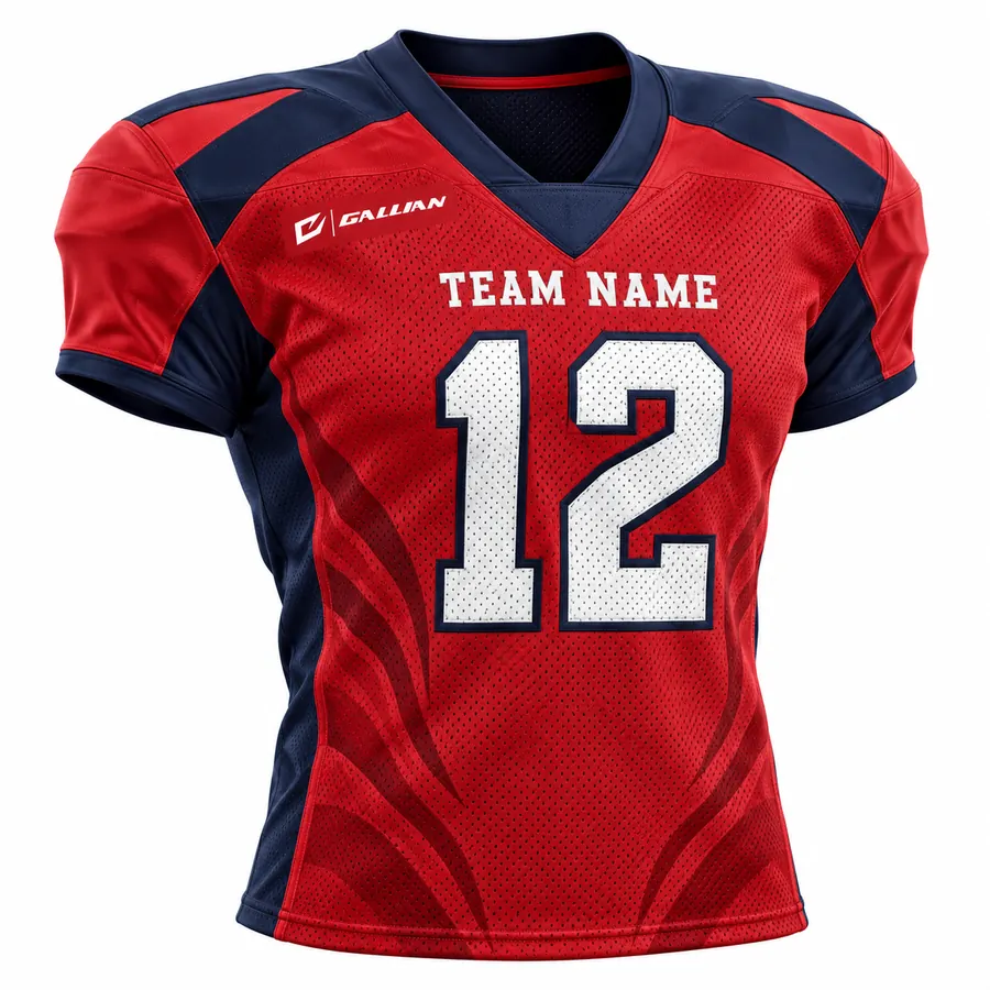 Custom Football Jerseys – Red & Navy, custom sublimated American football game jersey with team name and number by Gallian Sports
