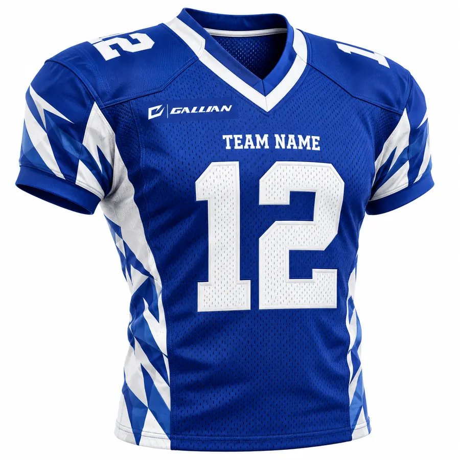 Custom Football Jerseys – Royal Blue & White, custom sublimated American football game jersey with team name and number by Gallian Sports