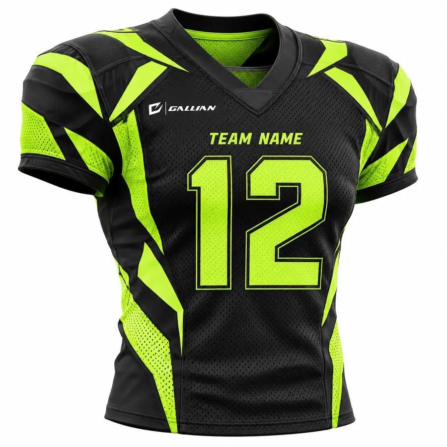Custom Football Jerseys – Black & Volt Green, custom sublimated American football game jersey with team name and number by Gallian Sports