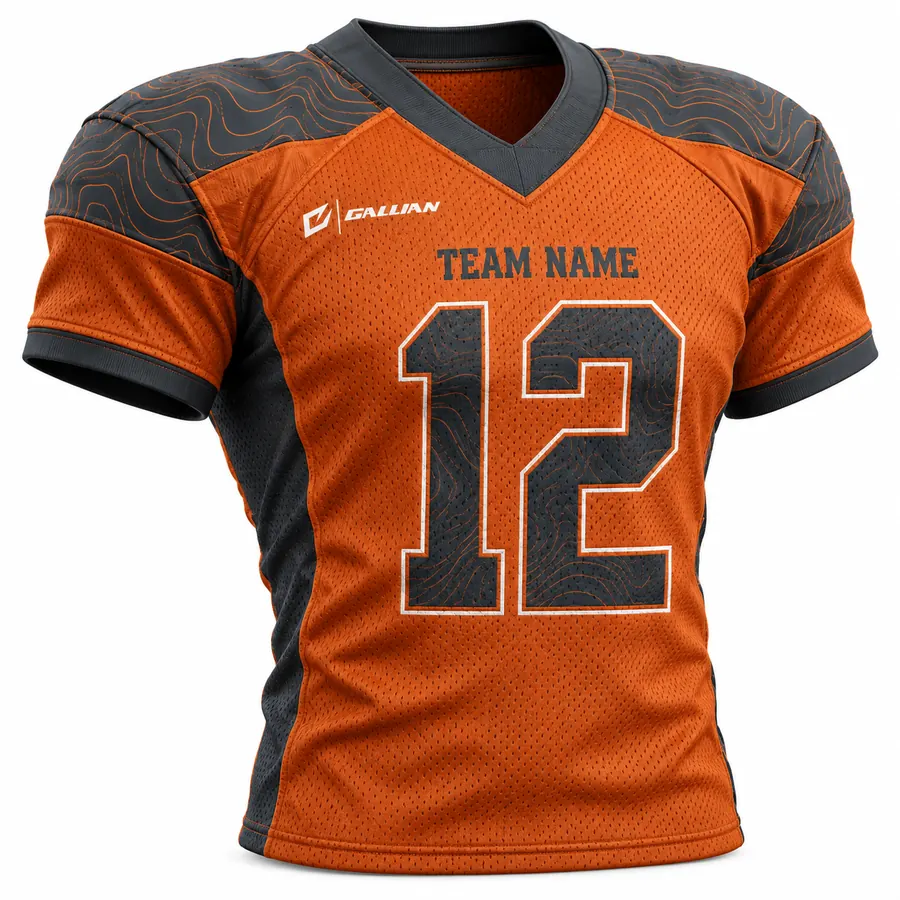 Custom Football Jerseys – Burnt Orange & Charcoal Topo, custom sublimated American football game jersey with team name and number by Gallian Sports