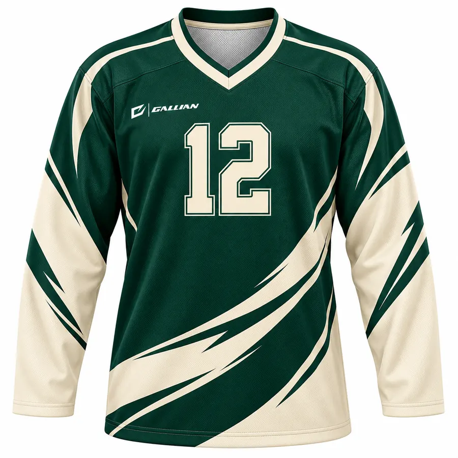 Mammoth forest-green ball hockey jersey with cream sleeve sweeps and block numbers by Gallian Sports
