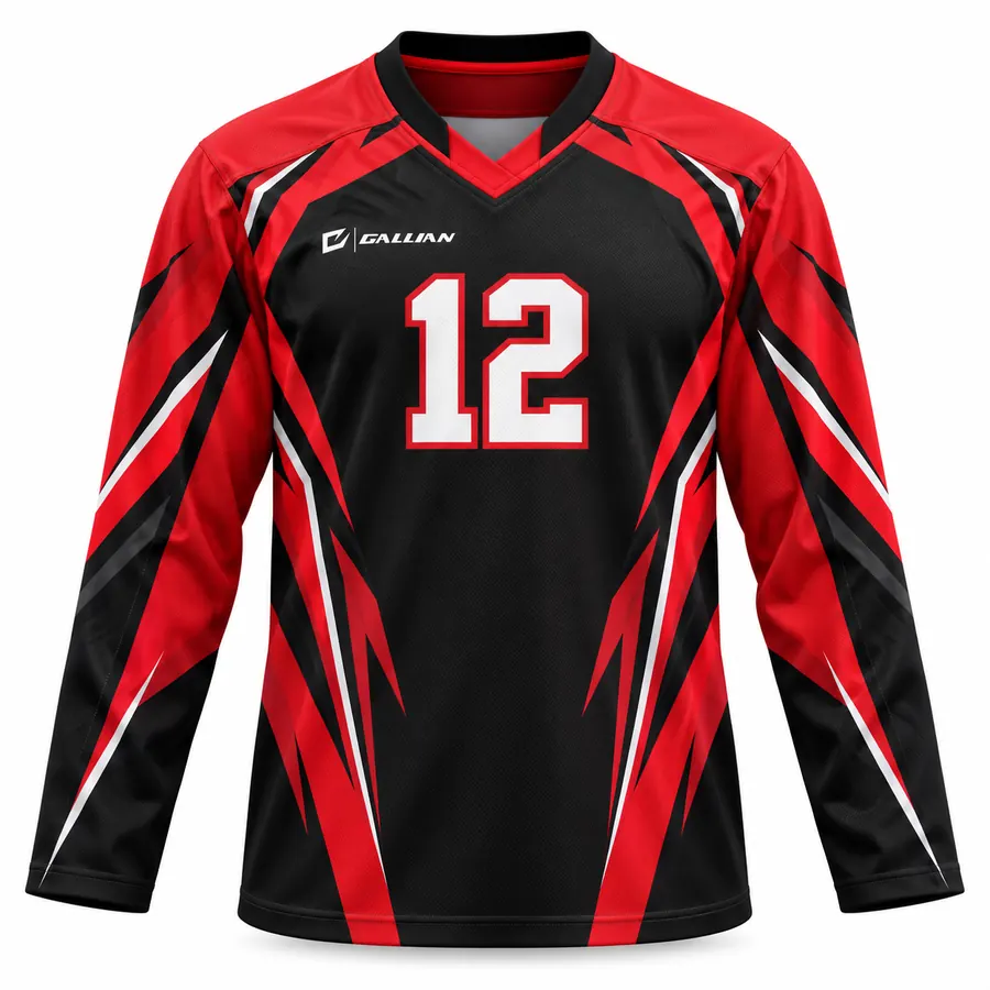 Warden black ball hockey jersey with red flame sleeves and white center number by Gallian Sports