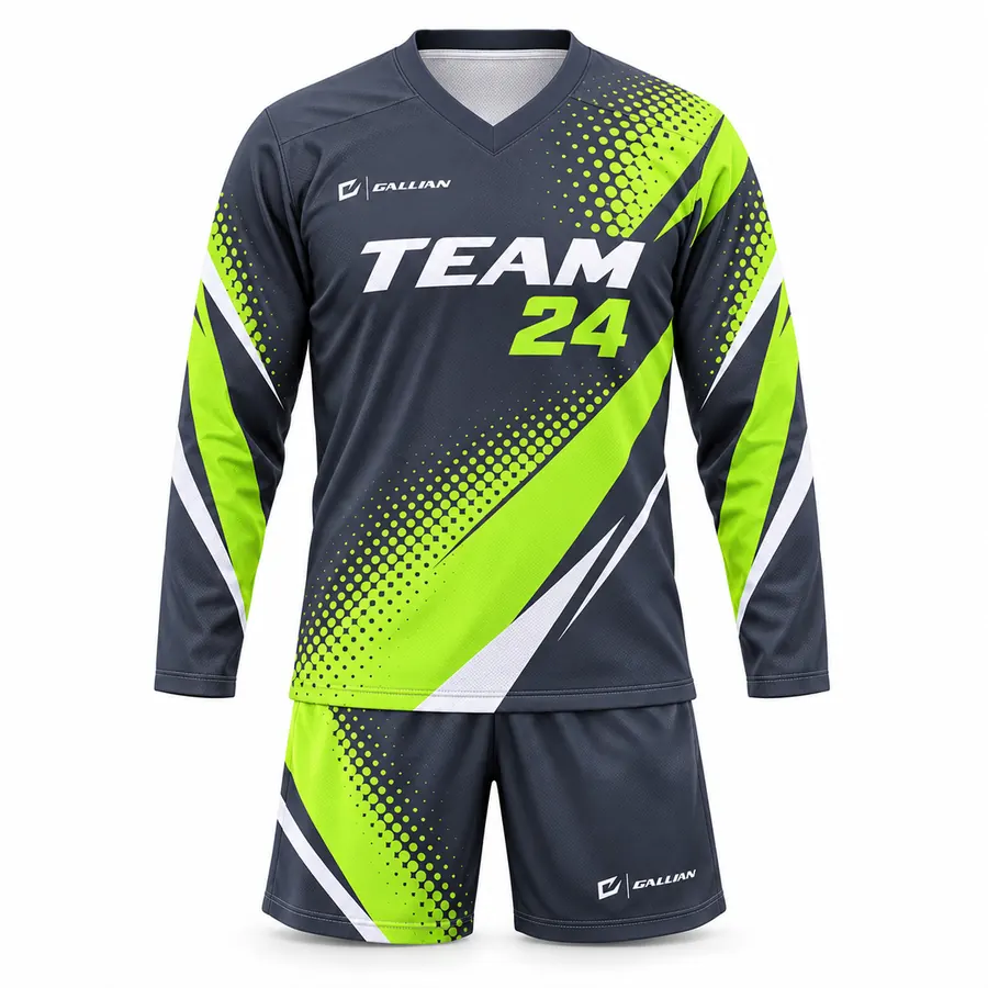 Apex charcoal and lime halftone long-sleeve ball hockey jersey and shorts set by Gallian Sports
