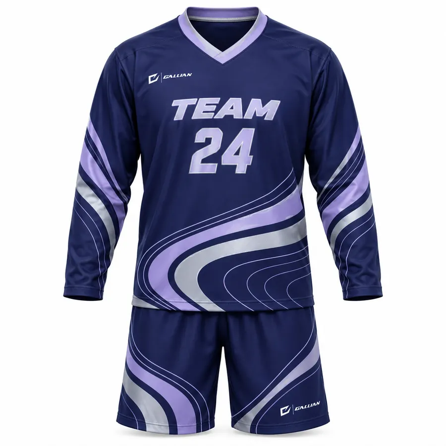 Canyon navy long-sleeve ball hockey jersey and shorts with lavender and silver swirls by Gallian Sports