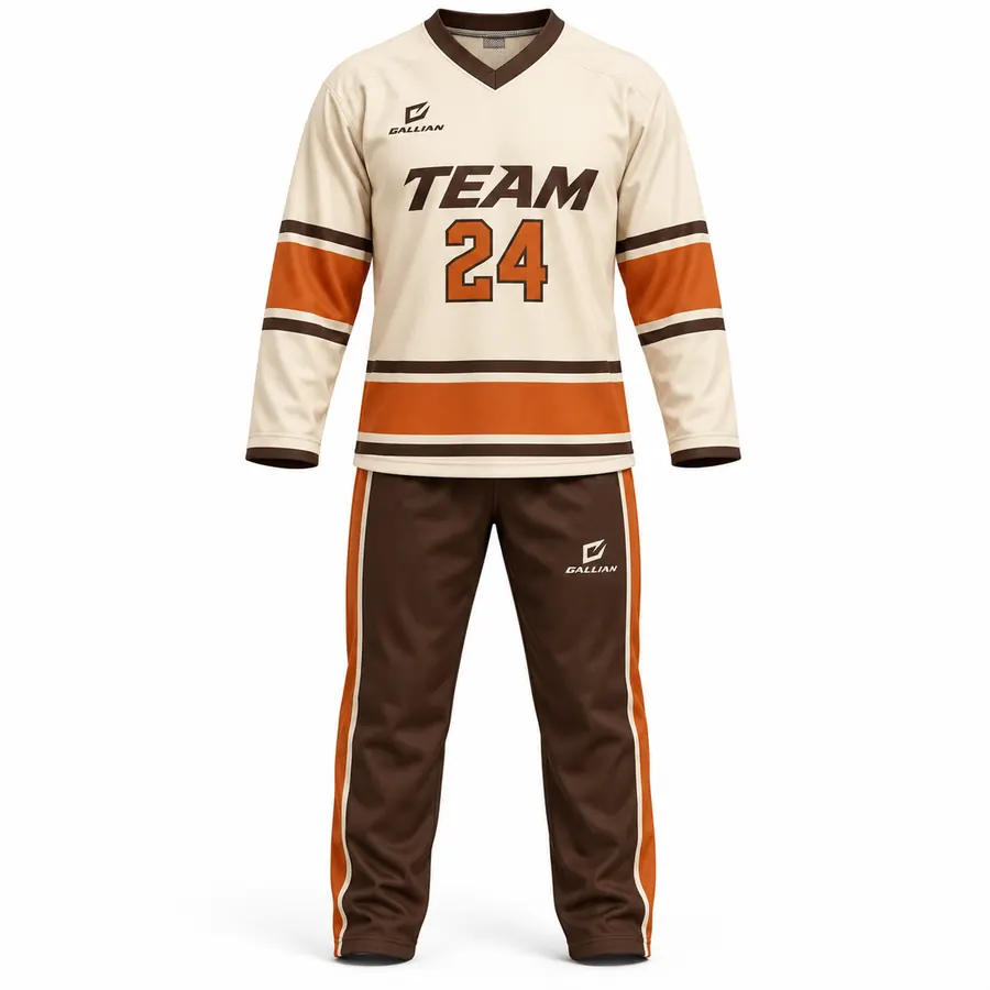 Blizzard retro cream ball hockey jersey with brown and orange hoops and brown pants by Gallian Sports