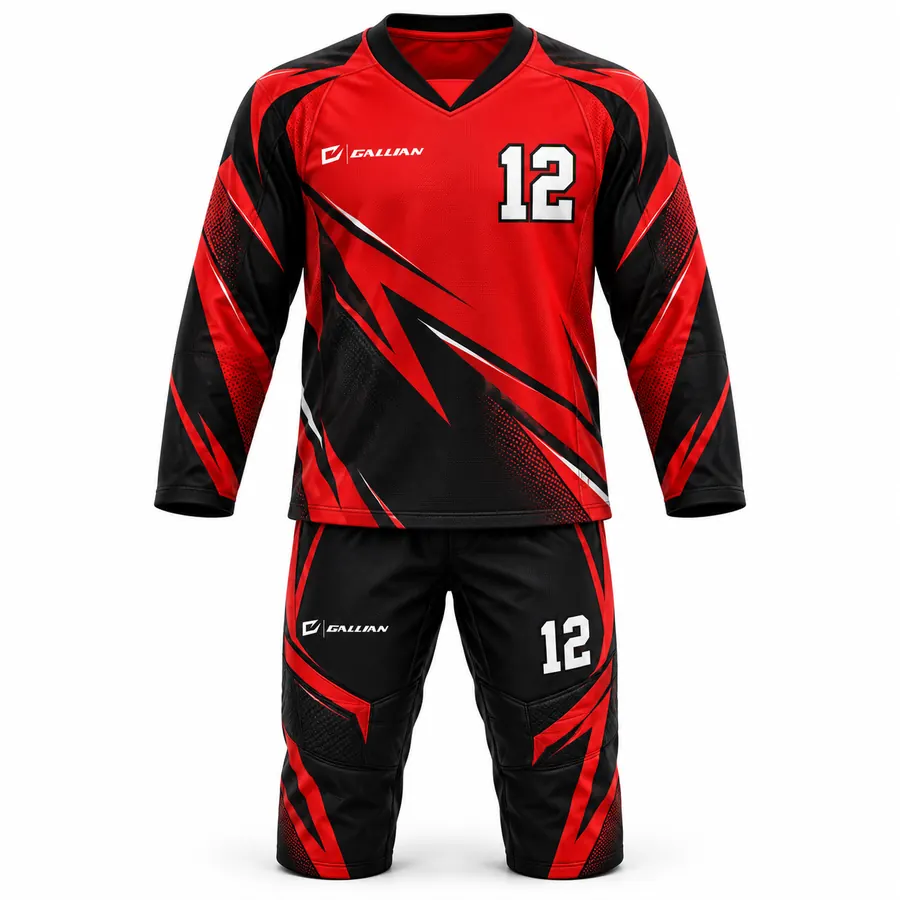 Nebula red and black ball hockey jersey with three-quarter stretch pants by Gallian Sports