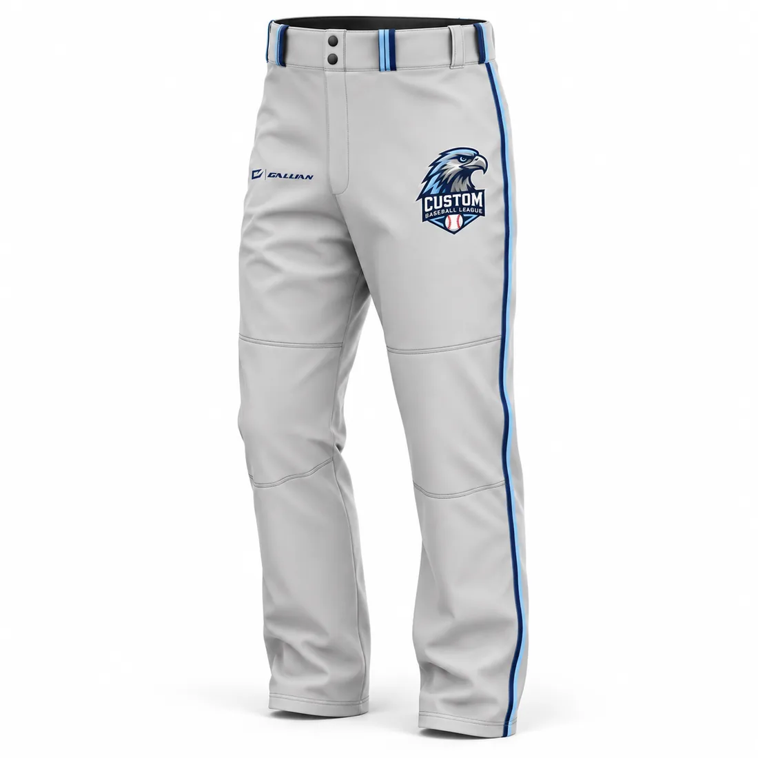 Custom Baseball Pants – Grey & Navy, custom baseball pants with team piping by Gallian Sports