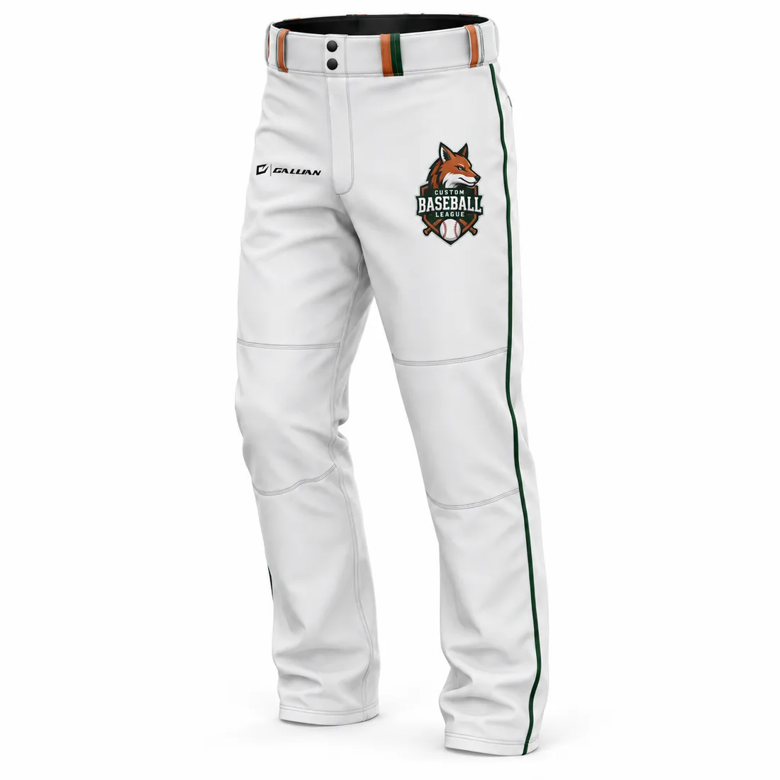 Custom Baseball Pants – White & Forest Green, custom baseball pants with team piping by Gallian Sports