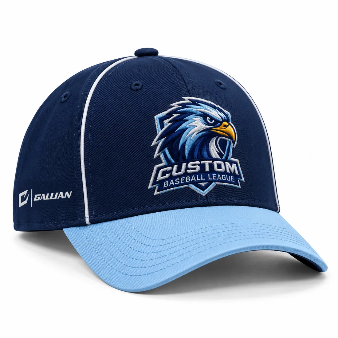 Custom Baseball Caps – Navy & Sky Blue, custom embroidered baseball cap with team logo by Gallian Sports