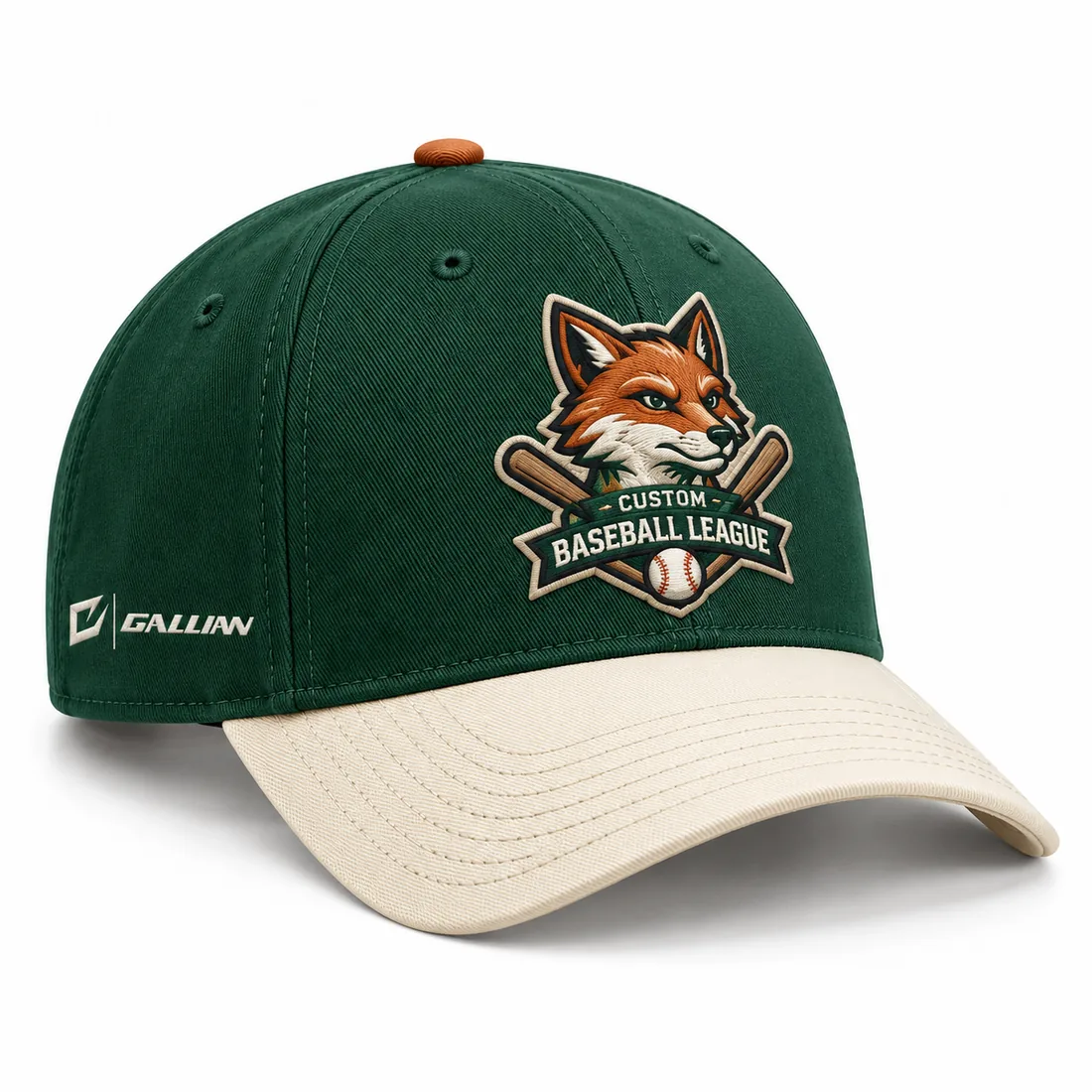 Custom Baseball Caps – Forest Green & Cream, custom embroidered baseball cap with team logo by Gallian Sports