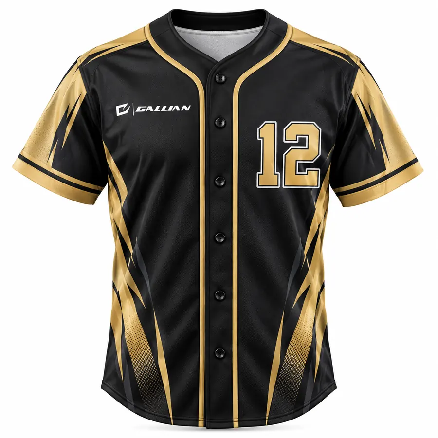 Keystone black full-button baseball jersey with gold flame accents, gold piping and gold number by Gallian Sports