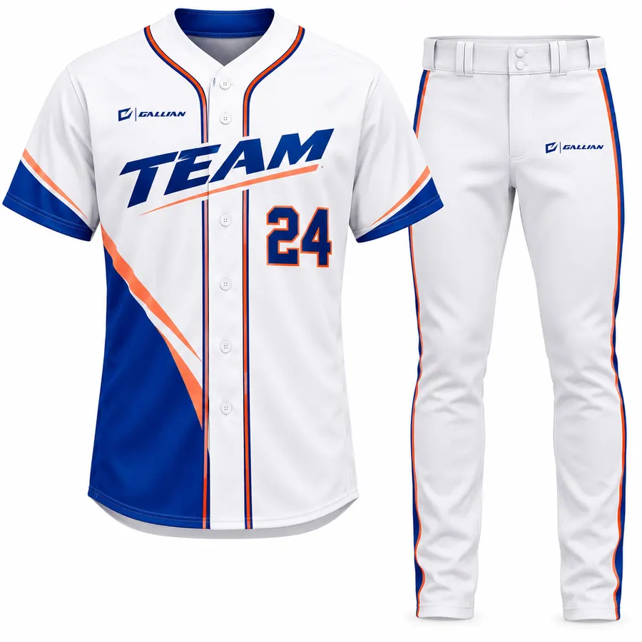 Bolt white baseball jersey with royal-blue sweep, orange accents and striped white pants by Gallian Sports