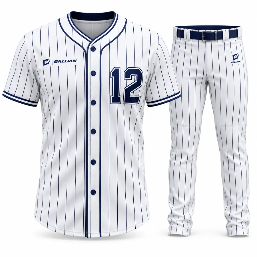 Granite white baseball jersey and pants with navy pinstripes and navy trim by Gallian Sports