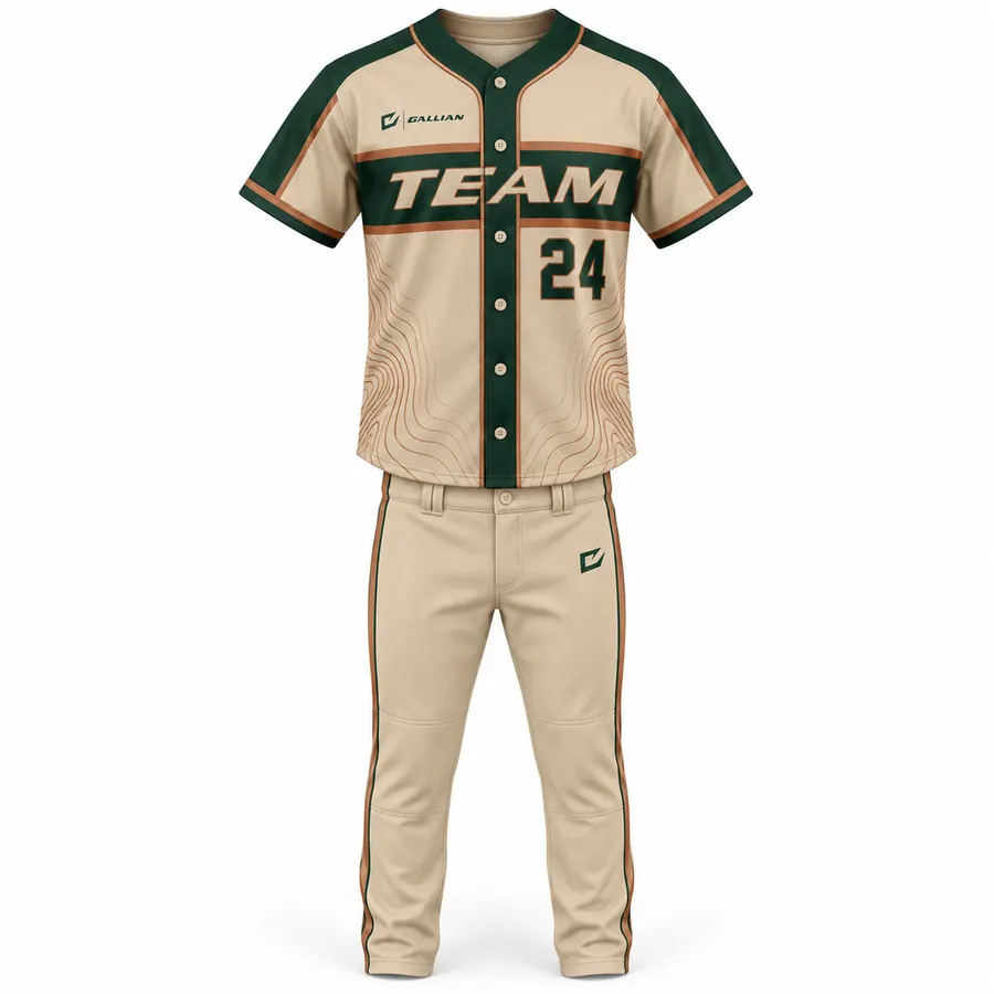 Heritage tan baseball jersey with forest-green chest band, copper piping and matching tan pants by Gallian Sports