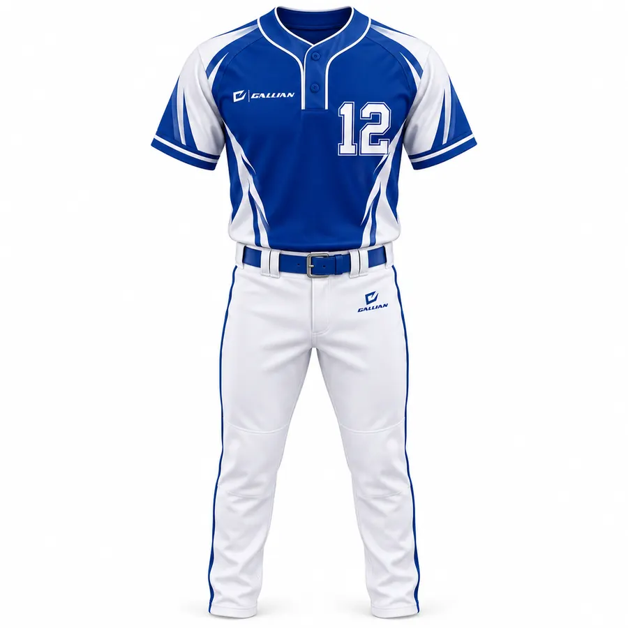 Inferno royal blue two-button baseball jersey with white raglan sleeves and piped white pants by Gallian Sports