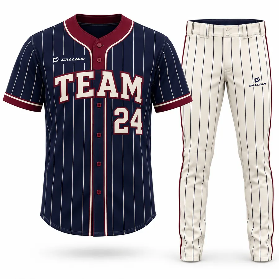 Ironbound navy pinstripe baseball jersey with maroon collar and cream pinstripe pants by Gallian Sports