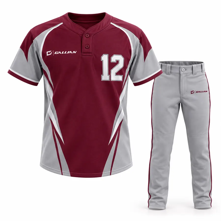 Lynx maroon two-button henley baseball jersey with grey raglan sleeves and grey pants by Gallian Sports