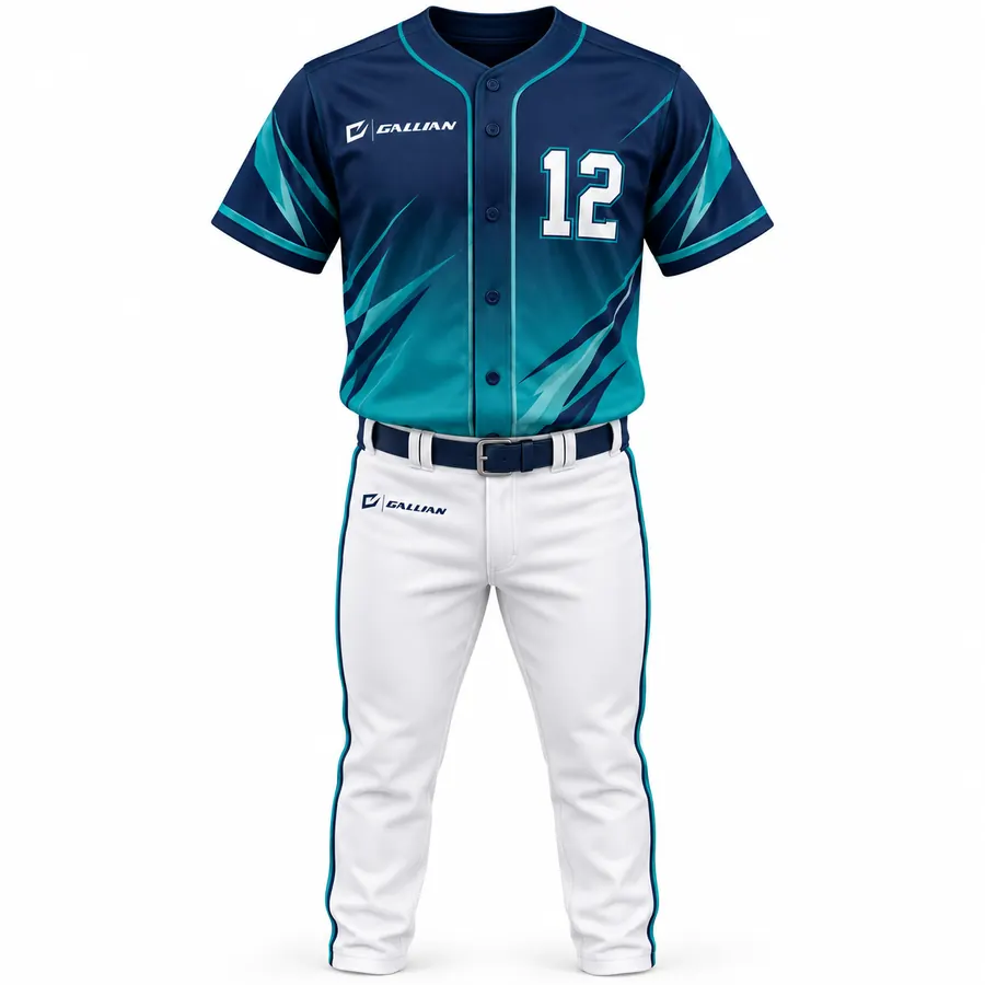 Meridian full-button baseball jersey fading navy to teal with white piped pants by Gallian Sports