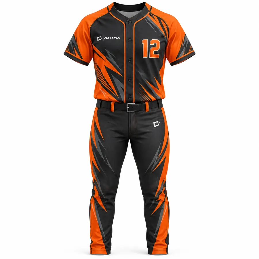 Ranger black full-button baseball jersey with orange raglan sleeves and printed black pants by Gallian Sports
