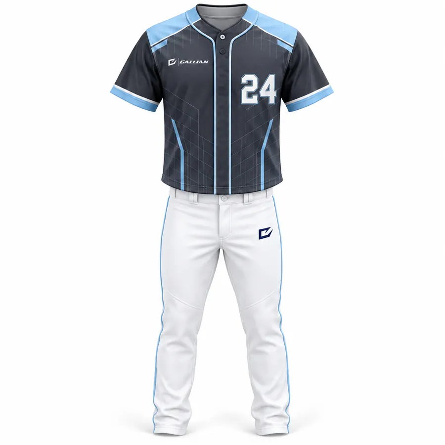 Skyline charcoal baseball jersey with sky-blue shoulder yokes and white pants with piping by Gallian Sports