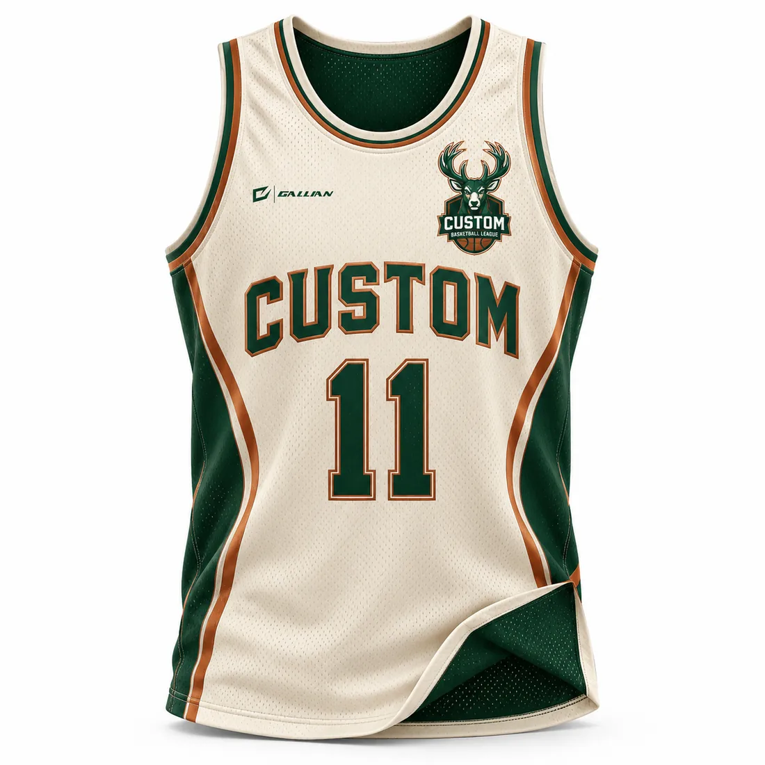 Reversible Basketball Jerseys – Cream & Forest Green, custom sublimated reversible basketball jersey by Gallian Sports