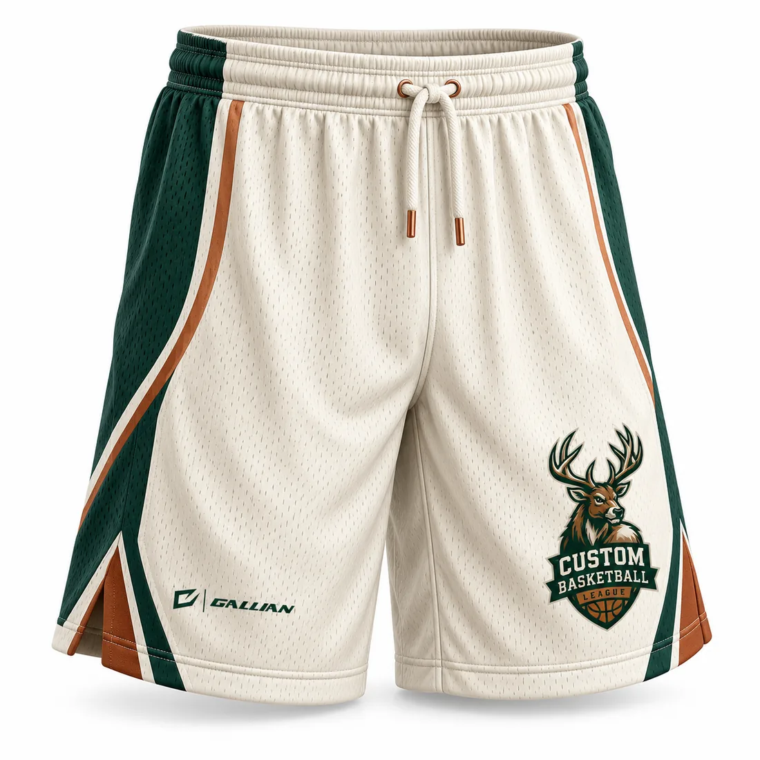 Custom Basketball Shorts – Cream & Forest Green, custom sublimated basketball game shorts by Gallian Sports