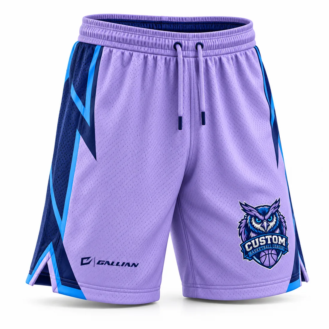 Custom Basketball Shorts – Lavender & Royal, custom sublimated basketball game shorts by Gallian Sports