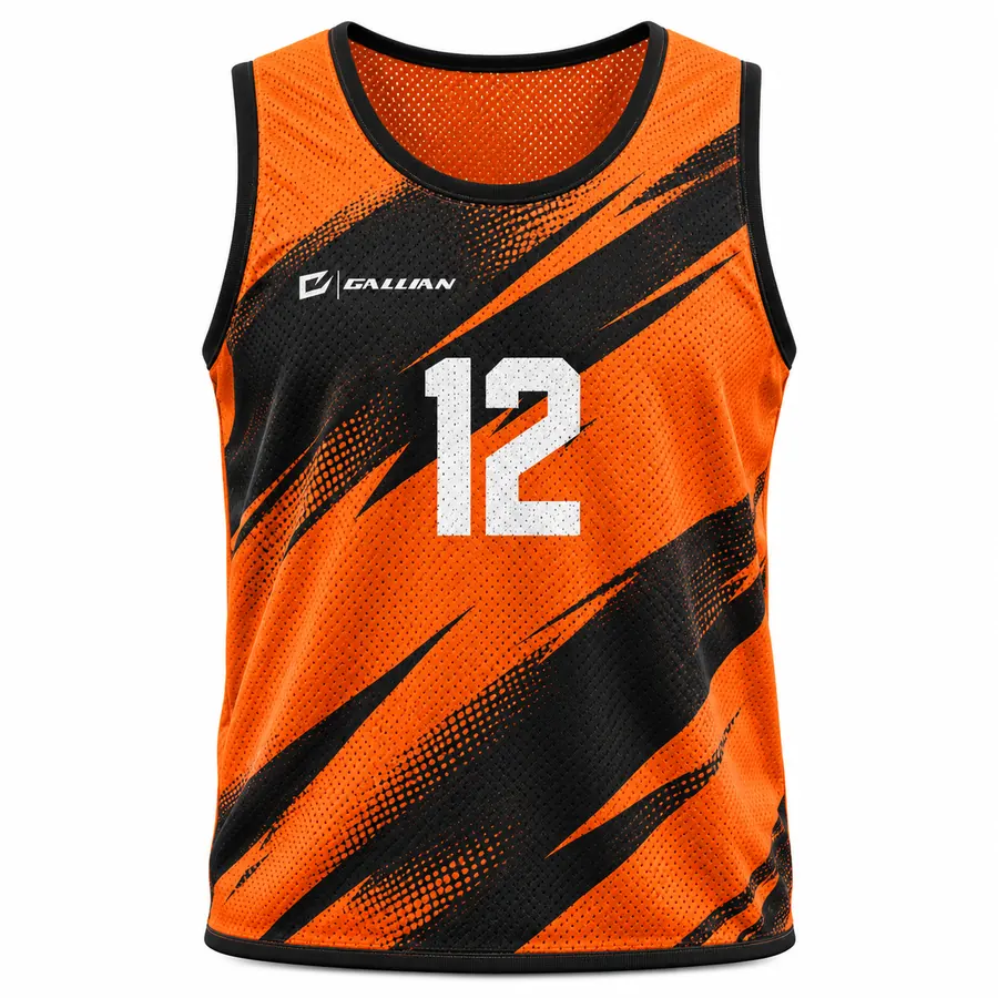 Jaguar orange basketball practice jersey, orange mesh tank with black brush strokes, by Gallian Sports