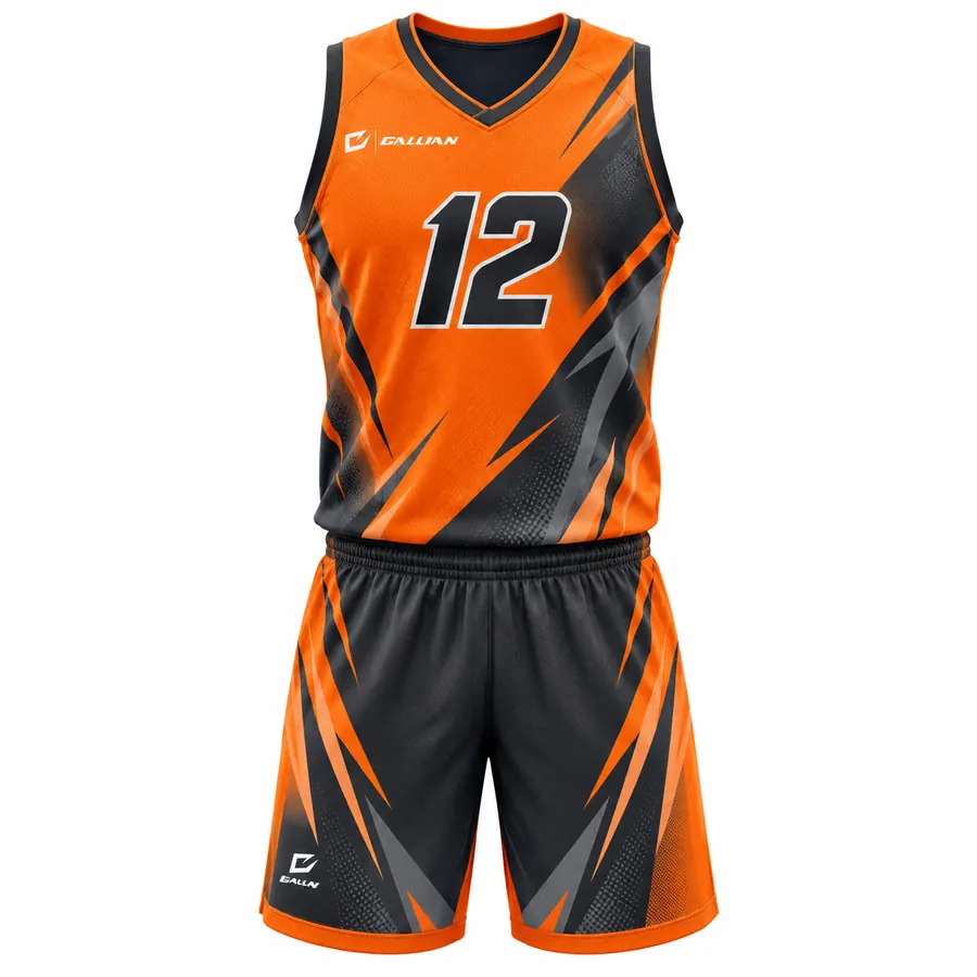 Beacon basketball uniform, orange jersey with charcoal brush strokes and charcoal shorts, by Gallian Sports