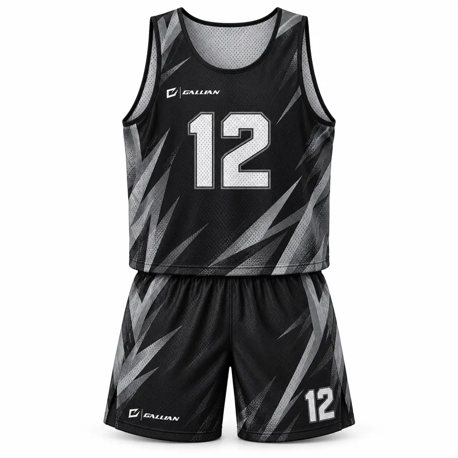 Drifter basketball uniform, black scoop-neck jersey and shorts with silver-gray shard print, by Gallian Sports