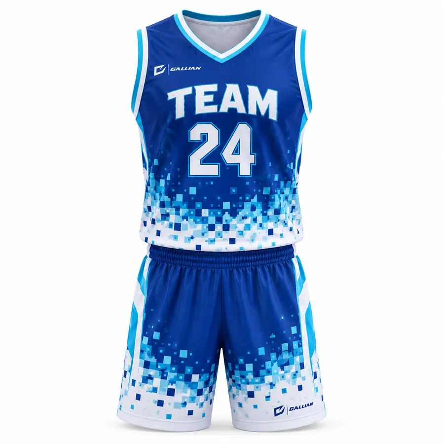 Halcyon Royal Pixel basketball uniform, royal-blue jersey and shorts with sky-blue pixel burst, by Gallian Sports