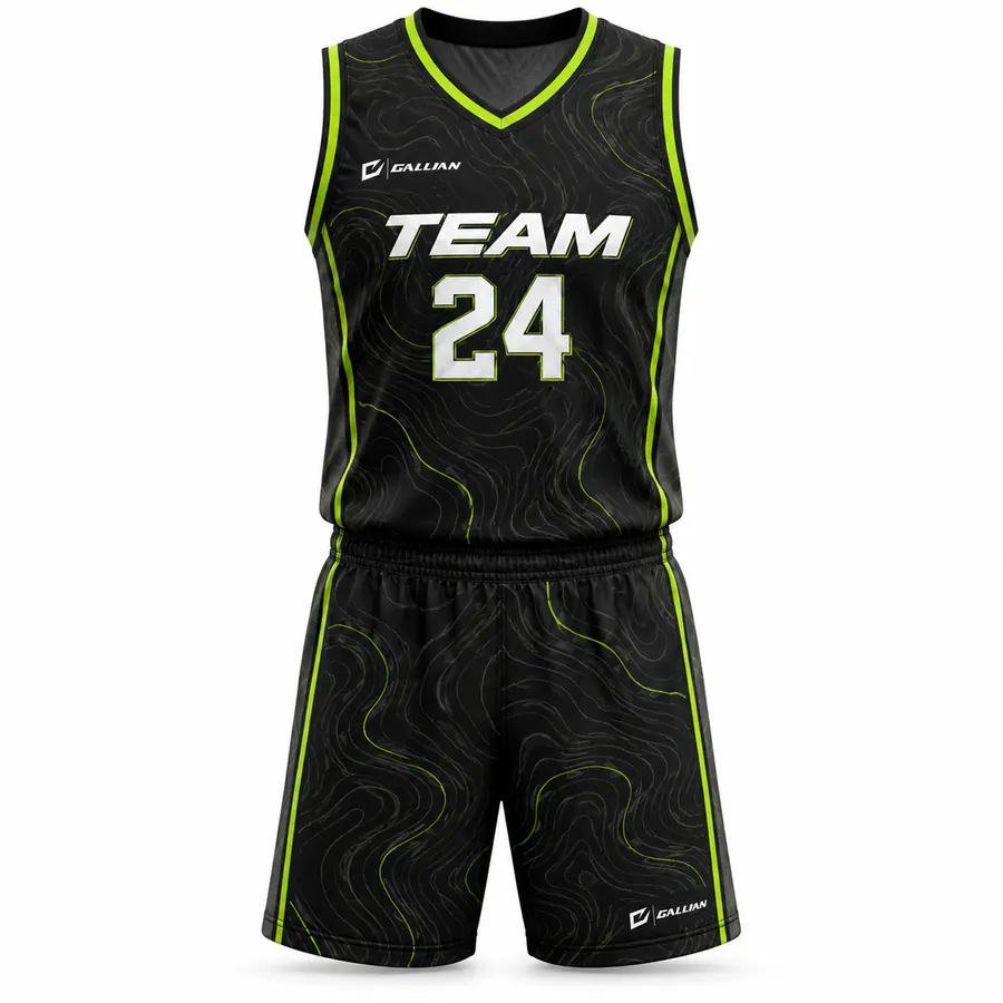 Monarch Black and Lime Topo basketball uniform, black jersey and shorts with lime trim, by Gallian Sports