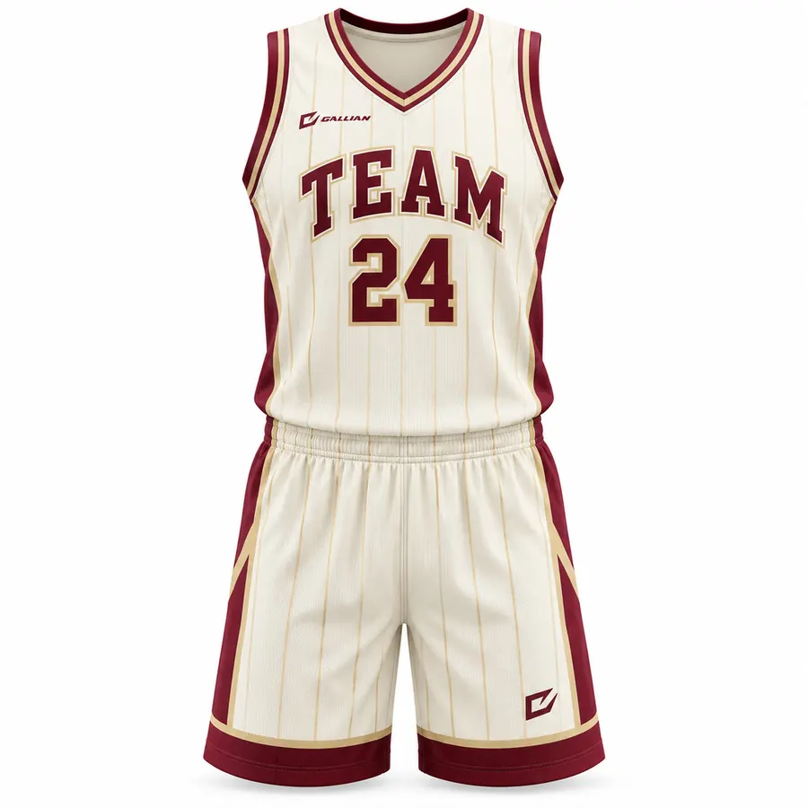 Nightjar Cream Pinstripe basketball uniform, cream pinstripe jersey and shorts with maroon trim, by Gallian Sports