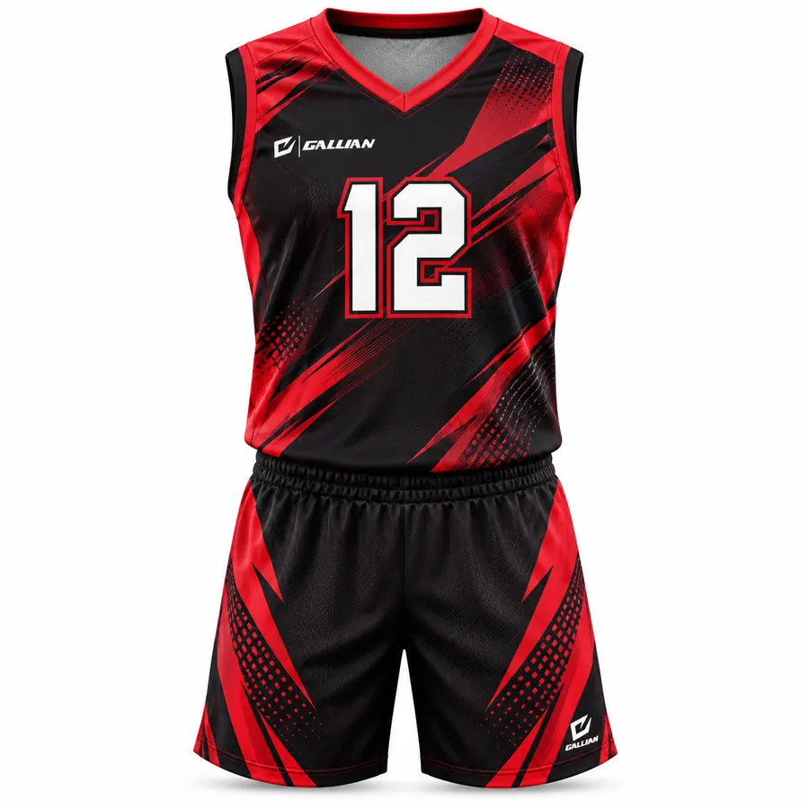 Nomad basketball uniform, black jersey and shorts with red shard print and halftone dots, by Gallian Sports