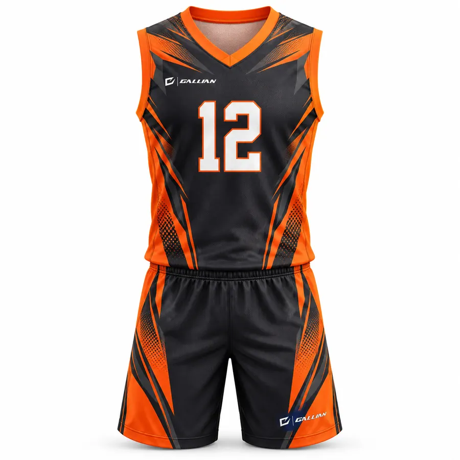 Onyx basketball uniform, black jersey and shorts with orange side panels and brush slashes, by Gallian Sports
