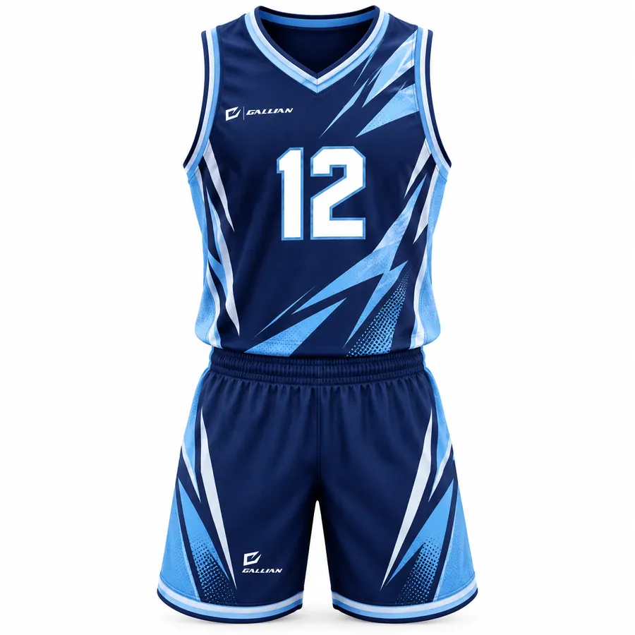 Outrider basketball uniform, deep royal jersey and shorts with sky-blue claw slashes and white trim, by Gallian Sports