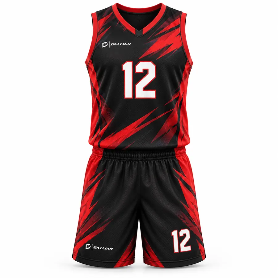 Solstice basketball uniform, black jersey and shorts with red flame streaks and red trim, by Gallian Sports