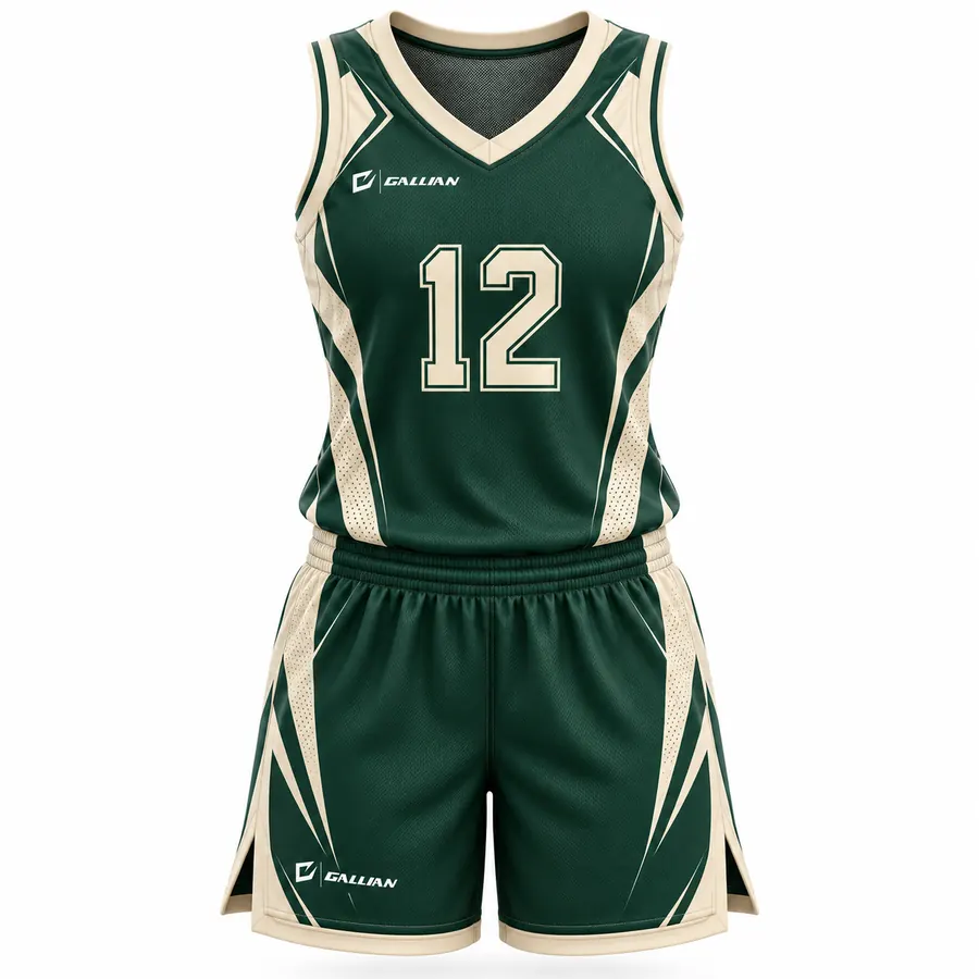 Zephyr basketball uniform, forest-green jersey and split-hem shorts with cream side flashes, by Gallian Sports