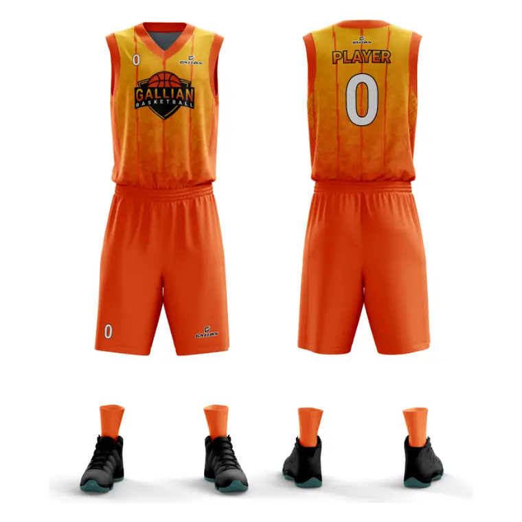 Sublimated Basketball Uniforms – design 6 in red & orange, custom basketball apparel by Gallian Sports