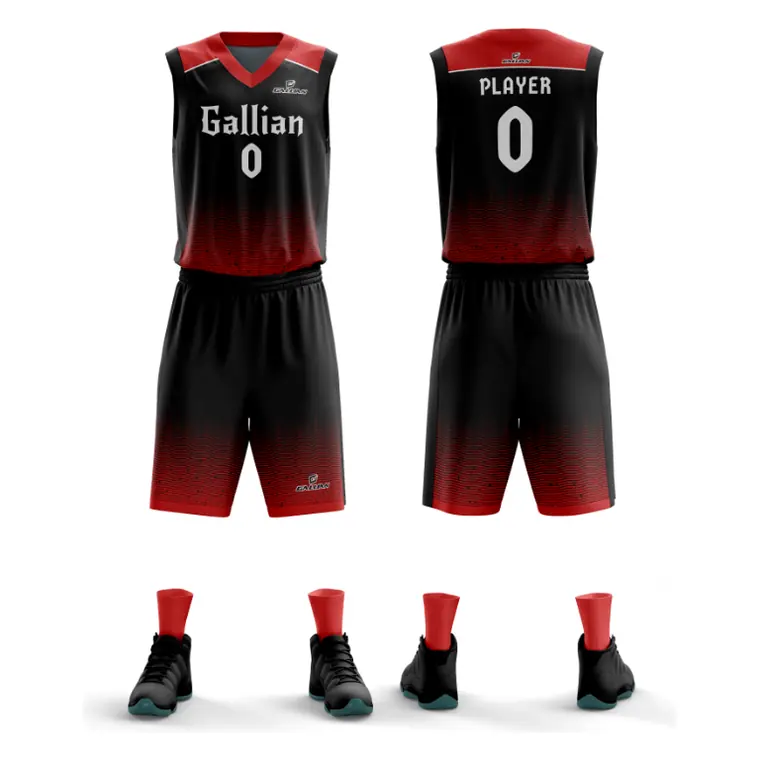 Sublimated Basketball Uniforms – design 8 in black & maroon, custom basketball apparel by Gallian Sports