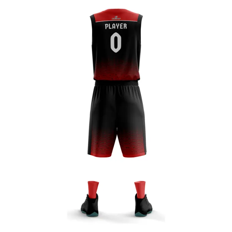 Sublimated Basketball Uniforms – design 9 in black & maroon, custom basketball apparel by Gallian Sports
