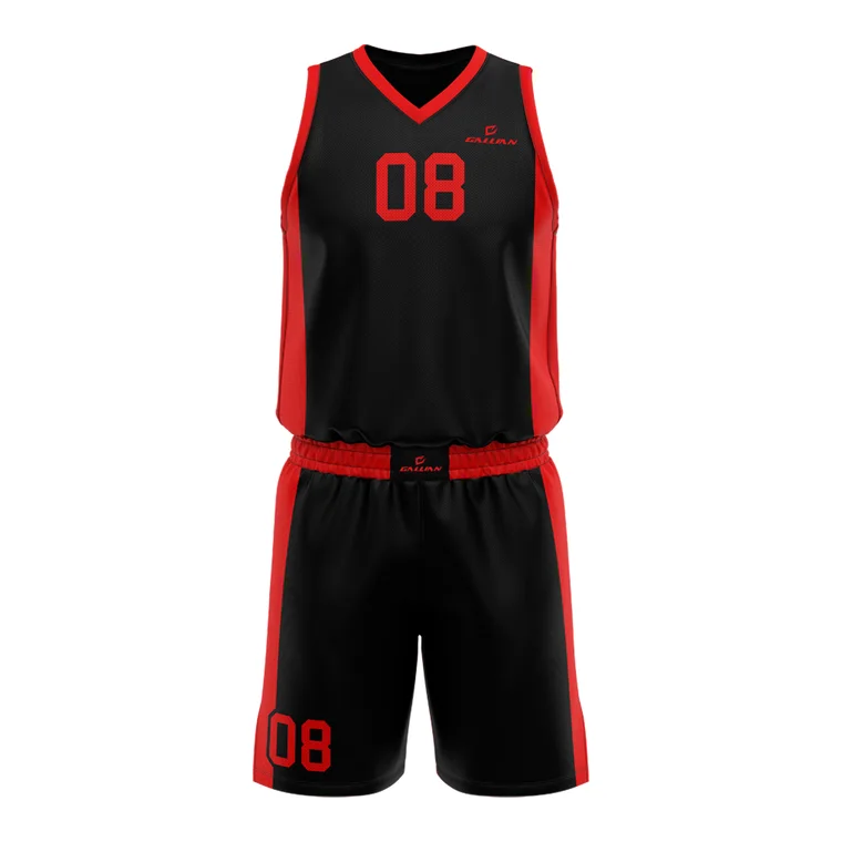 Sublimated Basketball Uniforms – design 2 in black & maroon, custom basketball apparel by Gallian Sports