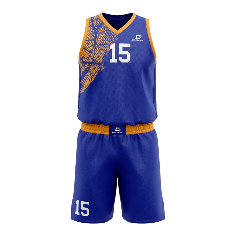 Sublimated Basketball Uniforms – design 3 in navy & royal blue, custom basketball apparel by Gallian Sports