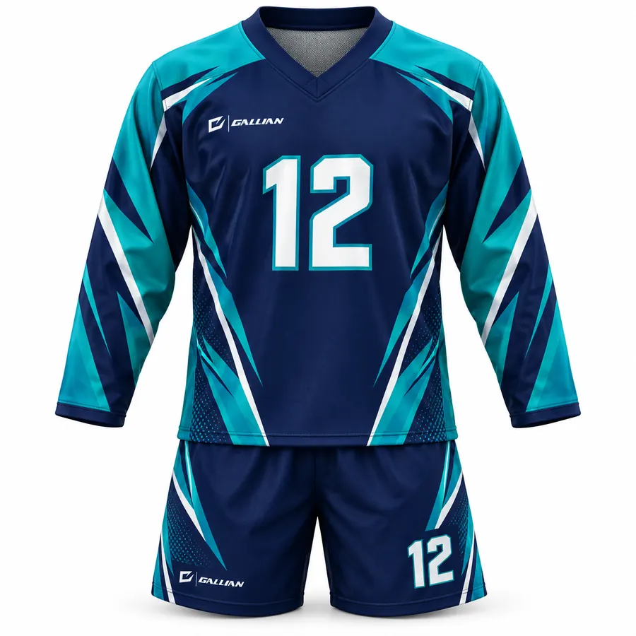 Hammer Navy and Teal Sleeve Box Lacrosse Uniform, navy jersey with teal sleeves by Gallian Sports