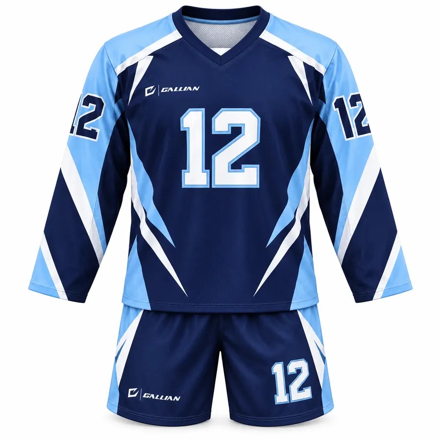 Ignite Navy and Sky Blue Box Lacrosse Uniform, navy jersey with sky-blue sleeves by Gallian Sports